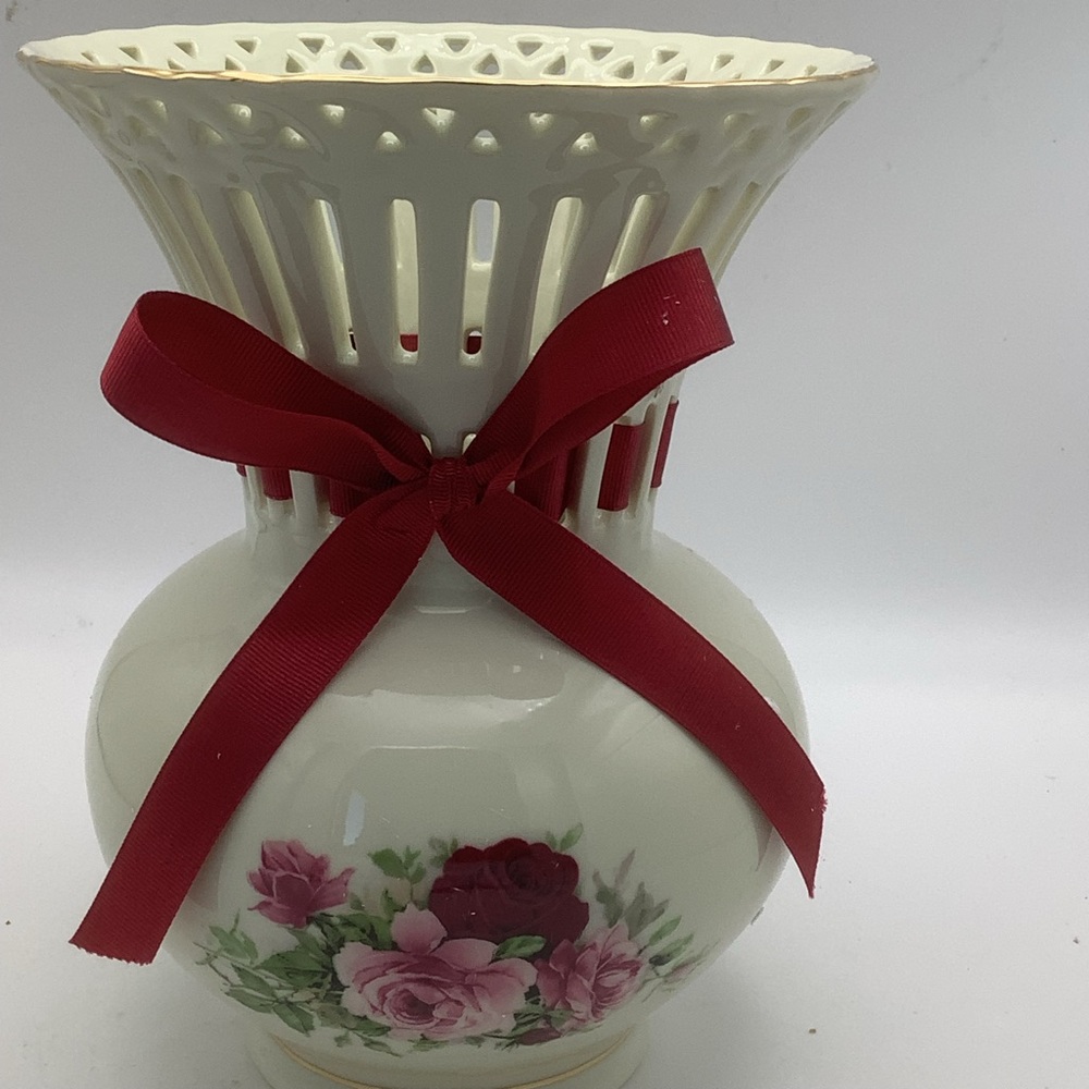 Formalities by Baum Bros. Victorian Rose Vase with Red Ribbon Accent